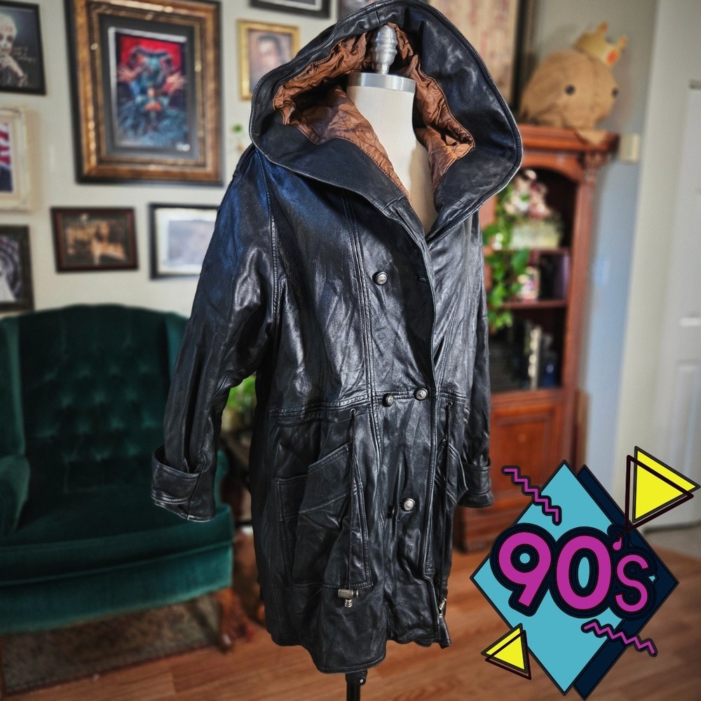 Vintage 90s Cayenne Leather Hooded Trench Coat Black Mens‎ Jacket